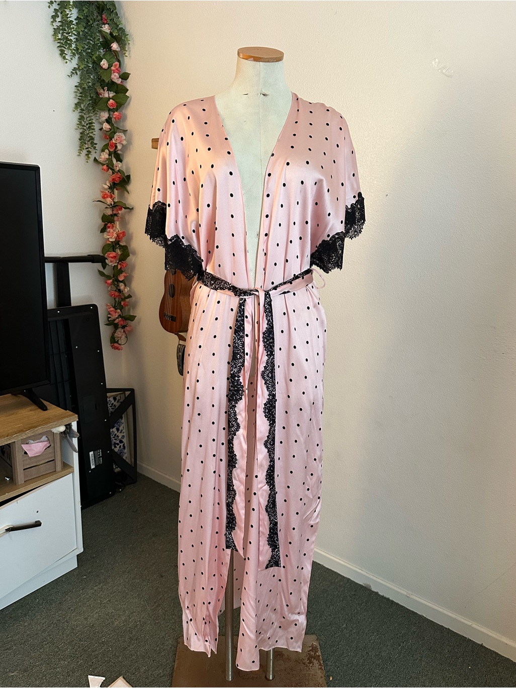 Pink Polka Dot Silk Robe With Black Lace Trim - Women